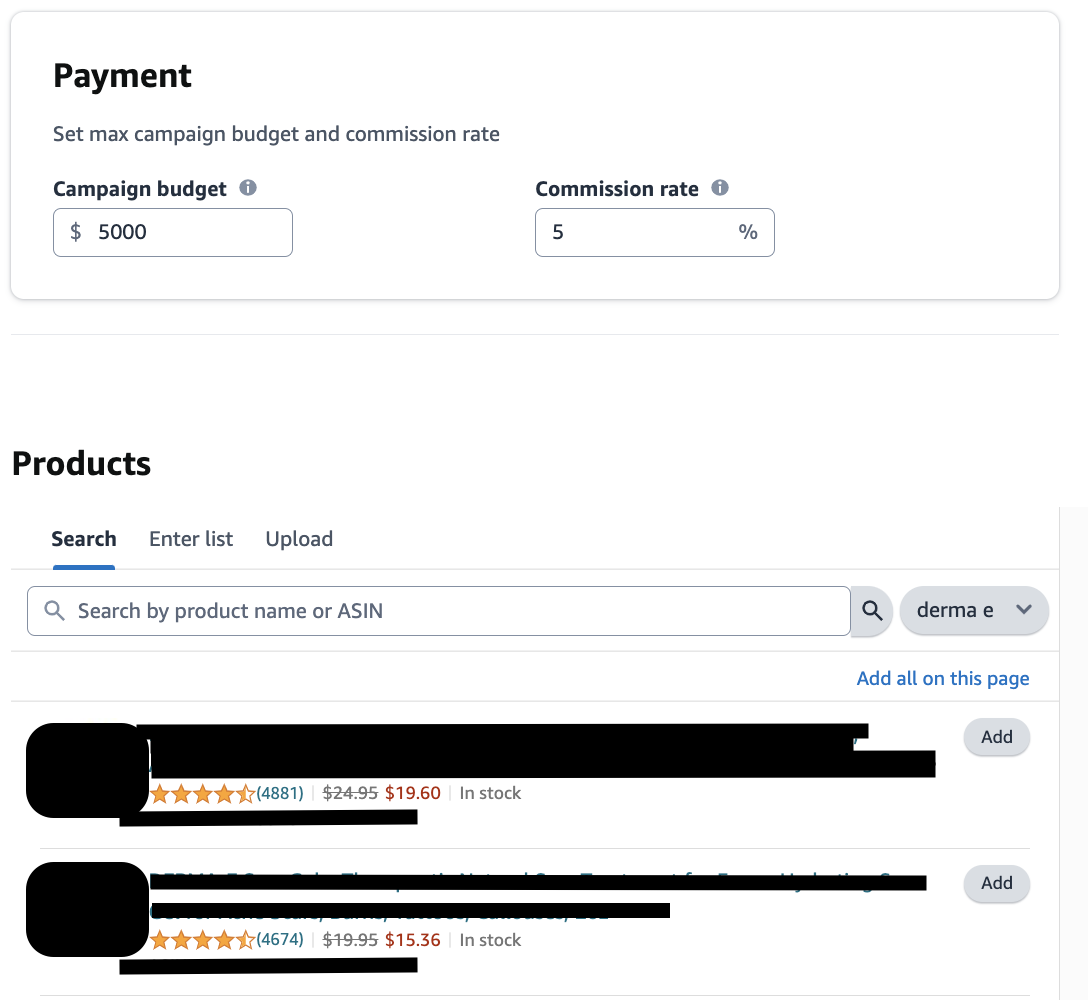 payment structure and product selection for creator connections campaign