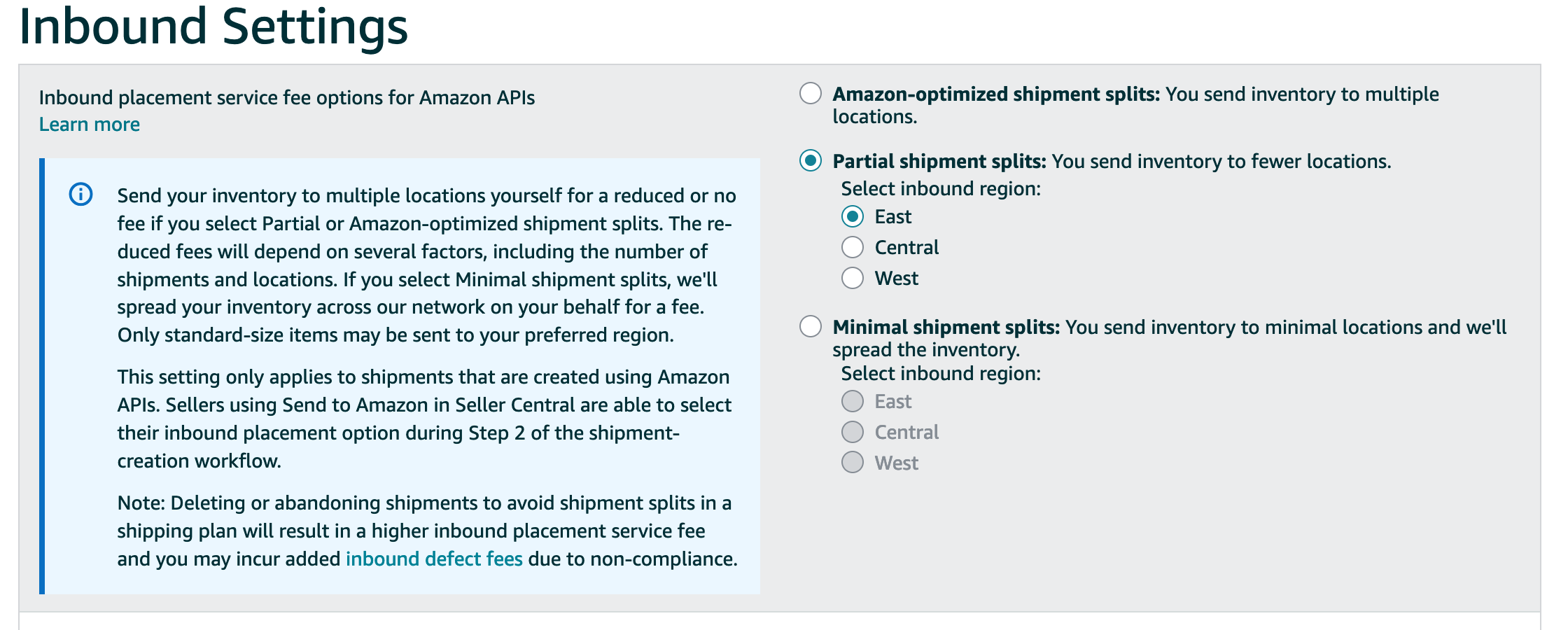 Amazon Seller Central Inventory Placement Service Inbound Settings Fees