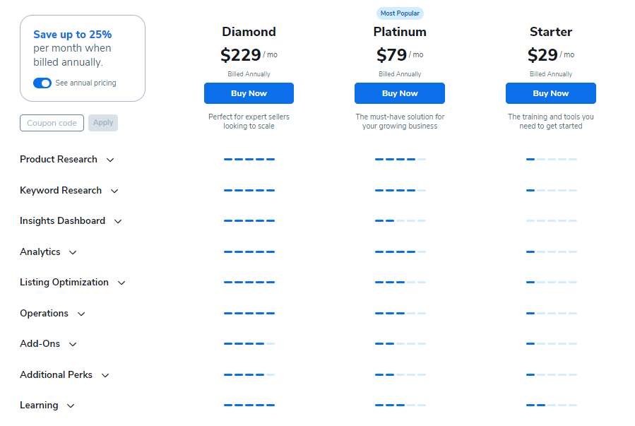 Helium 10 plans and pricing