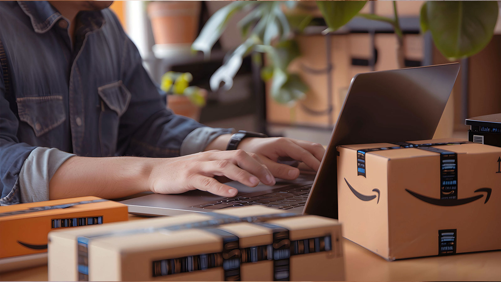 Man using laptop with books